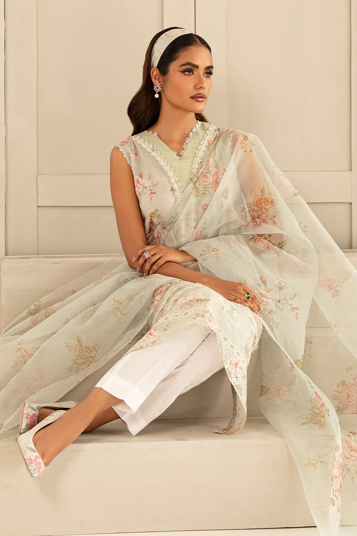 White Printed Floral Lawn Dress