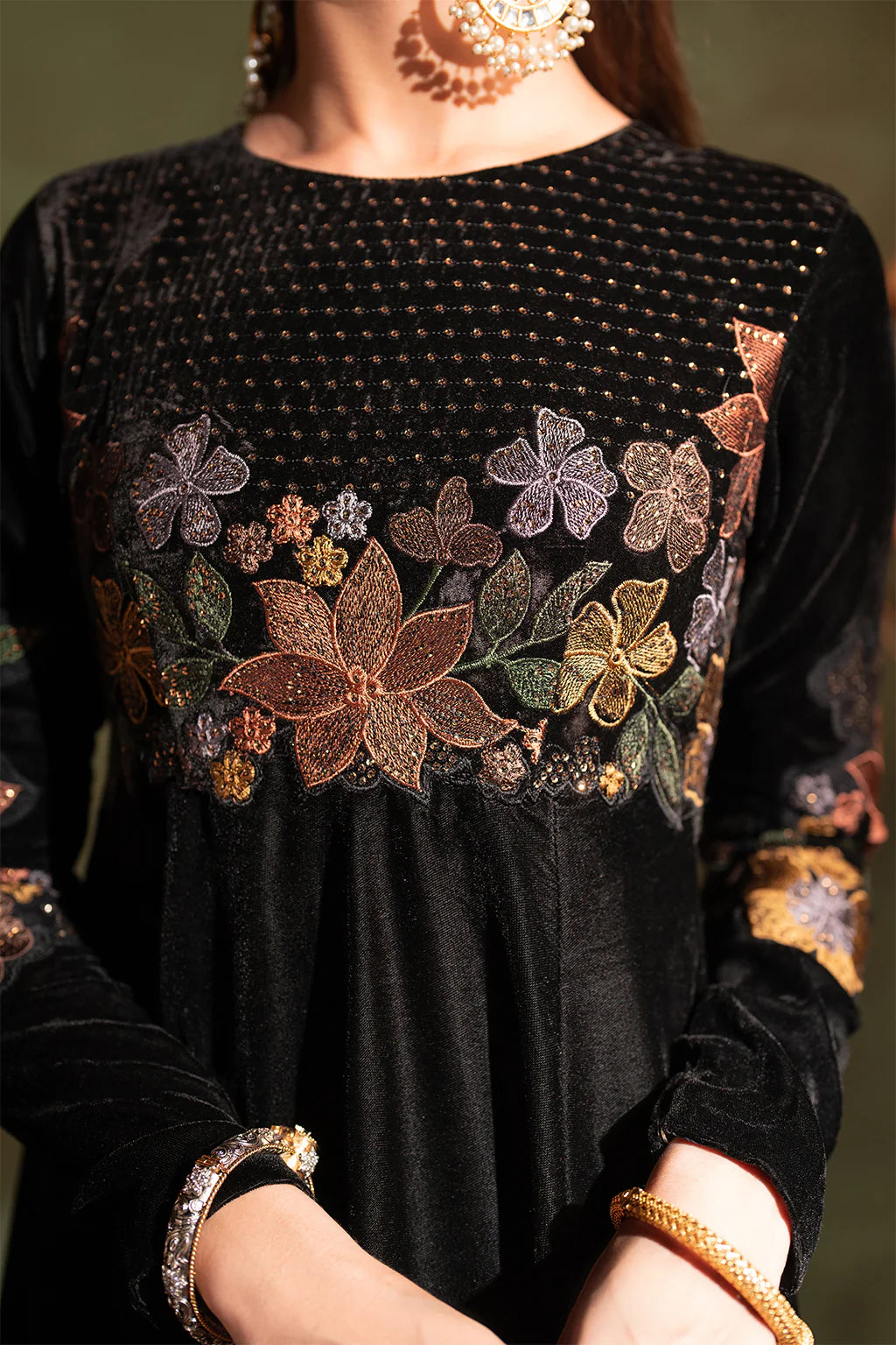 Iznik | Black Velvet Embroidered Frock
