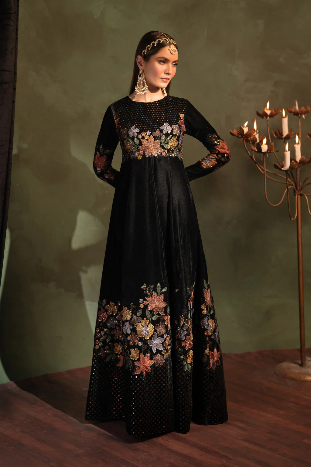 Iznik | Black Velvet Embroidered Frock