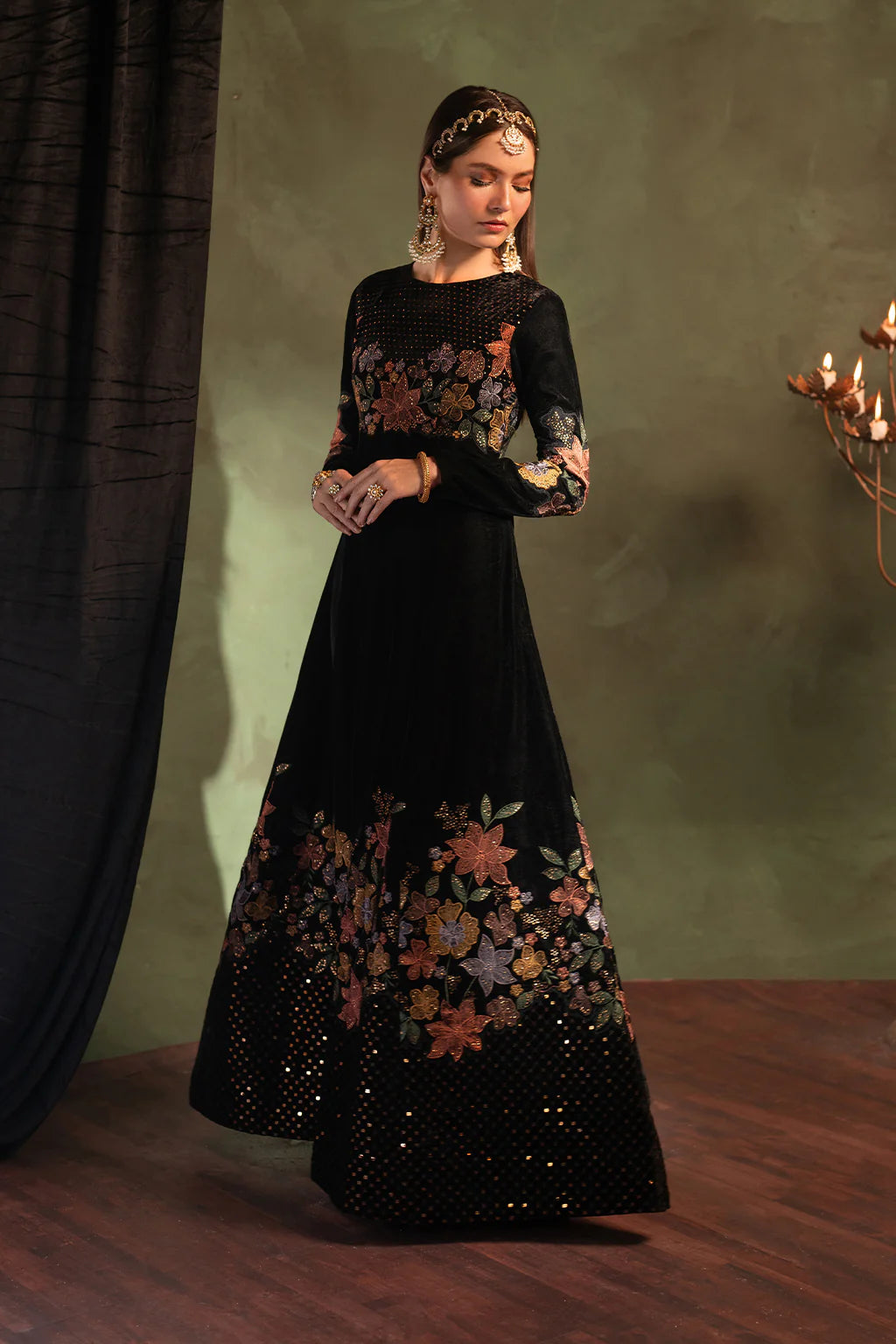 Iznik | Black Velvet Embroidered Frock