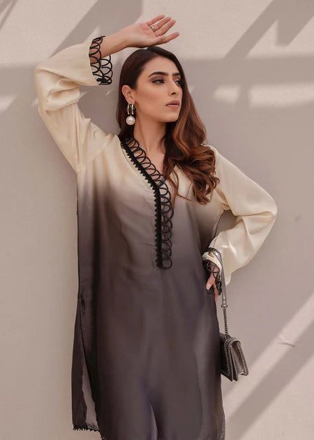 Delaila | Beige and Charcoal Black Ombre Silk Co Ord Set