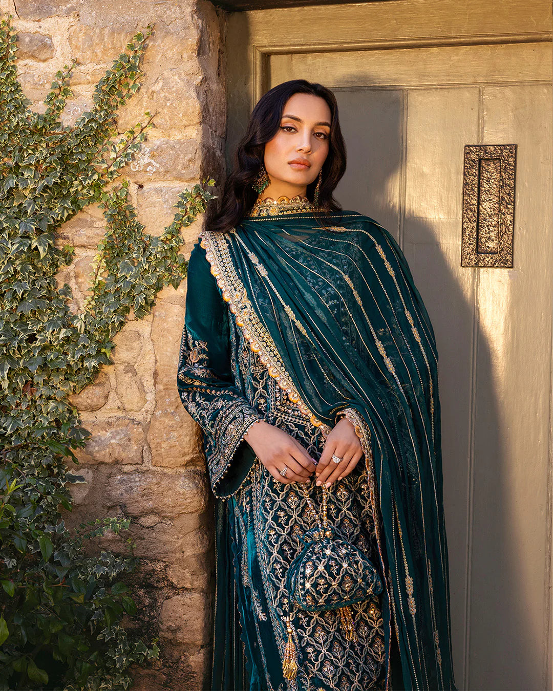 Faiza Saqlain | Teal Embroidered Velvet Suit