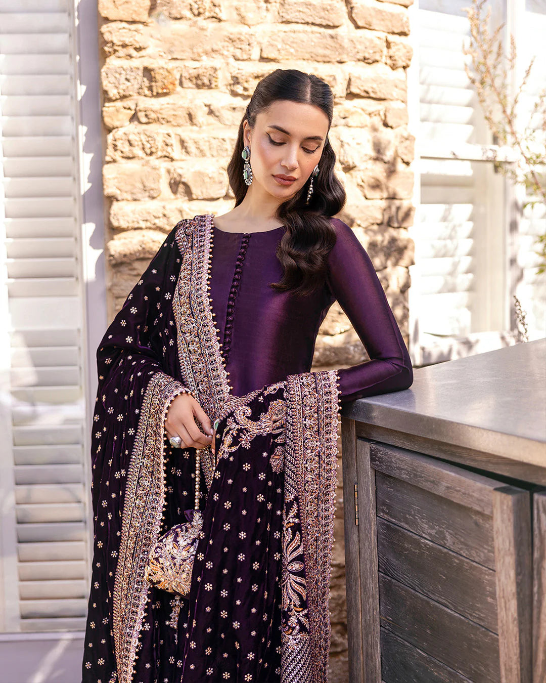 Faiza Saqlain | Dark Plum Silk Embroidered Suit