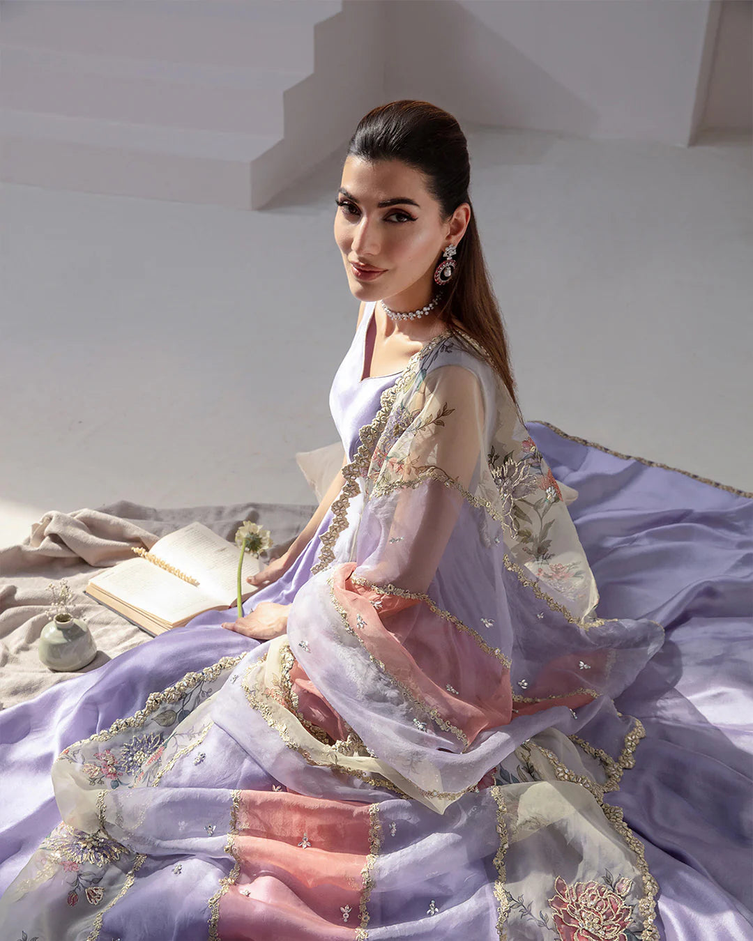 Faiza Saqlain | Lilac Silk Embroidered Pishwas