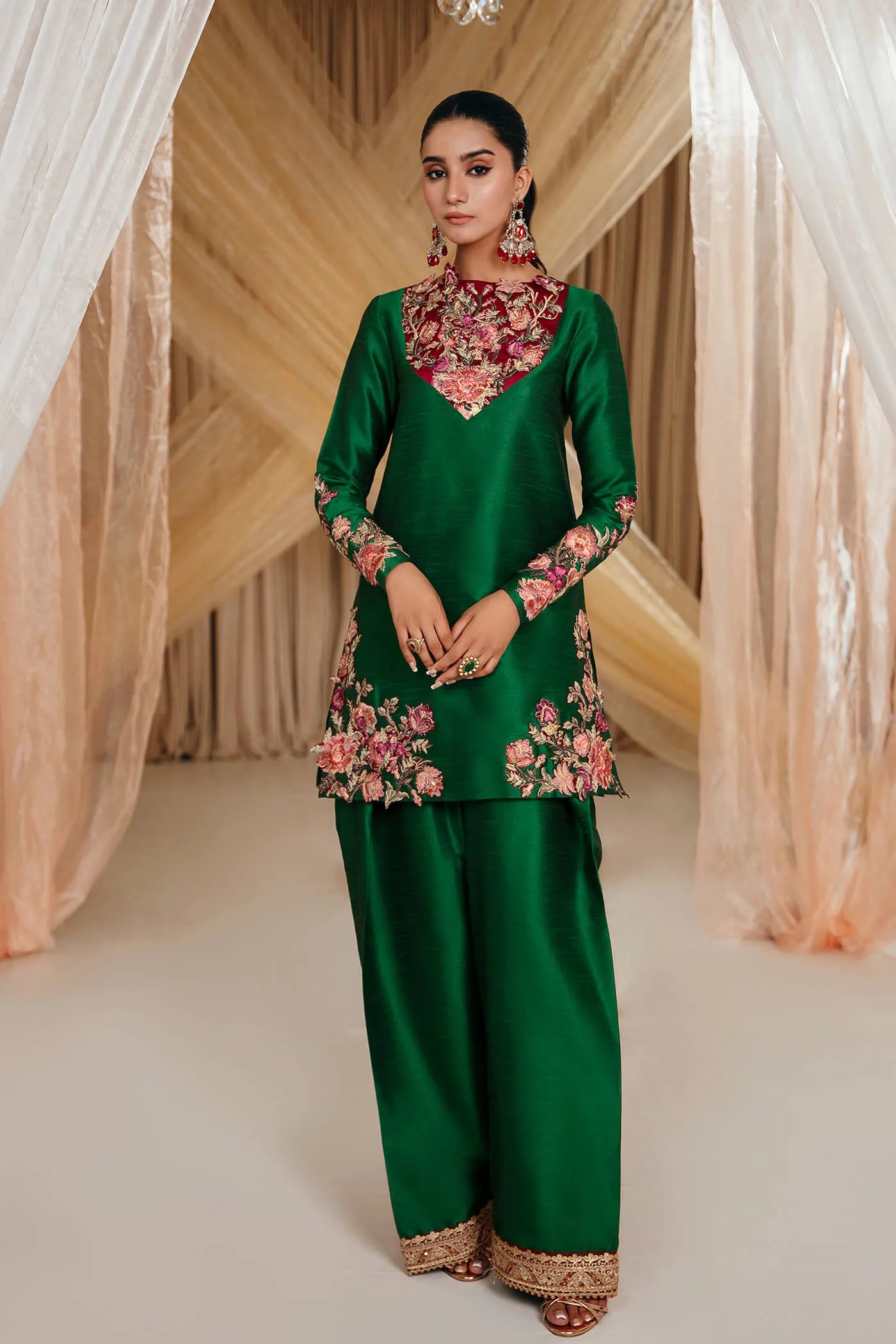 Emerald Green | Embroidered Embellished Silk Suit