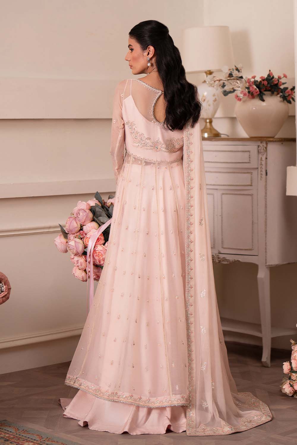 Roselyn | Peach Chiffon Embroidered Lehenga