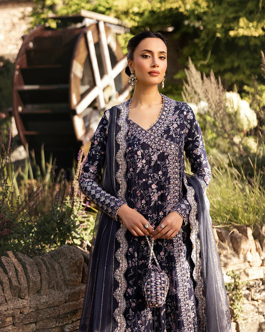Faiza Saqlain | Charcoal Grey Embroidered Velvet Angrakha