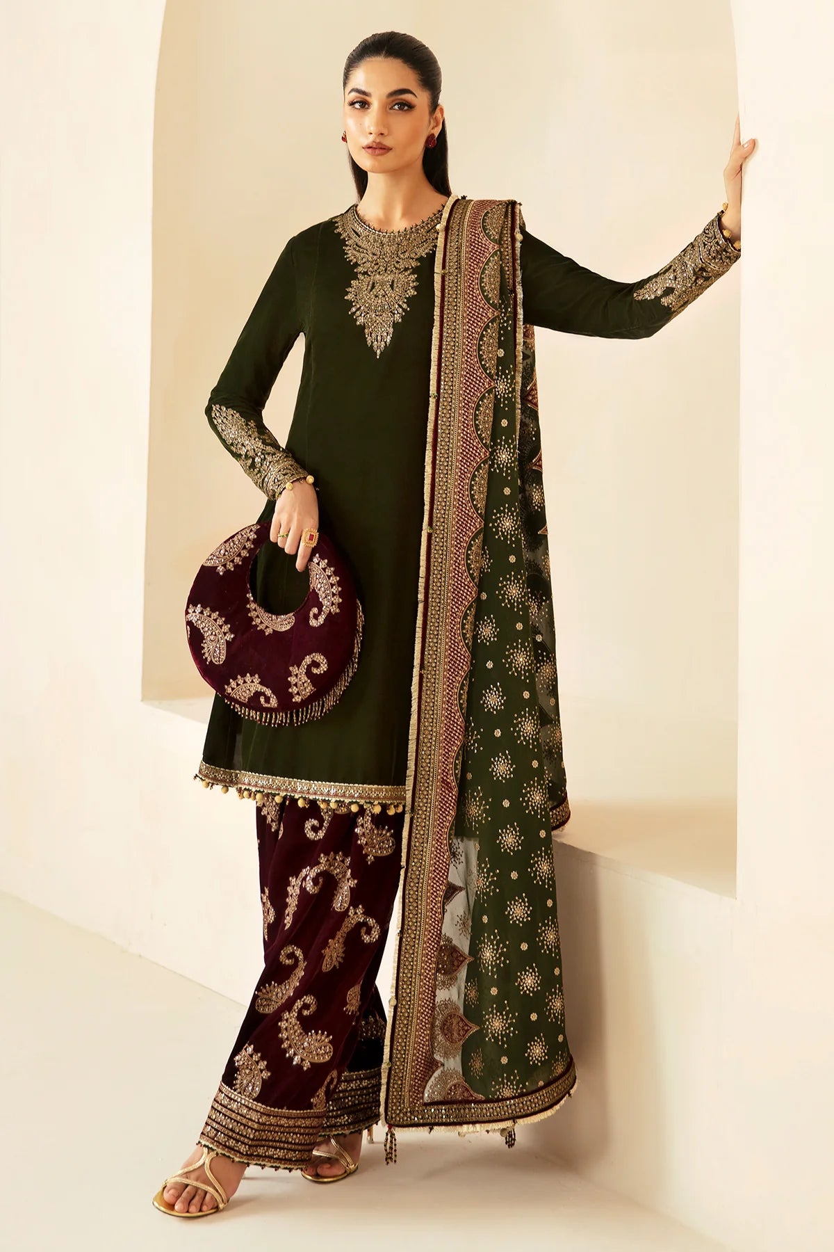 Jasmin | Green Embroidered Velvet Suit