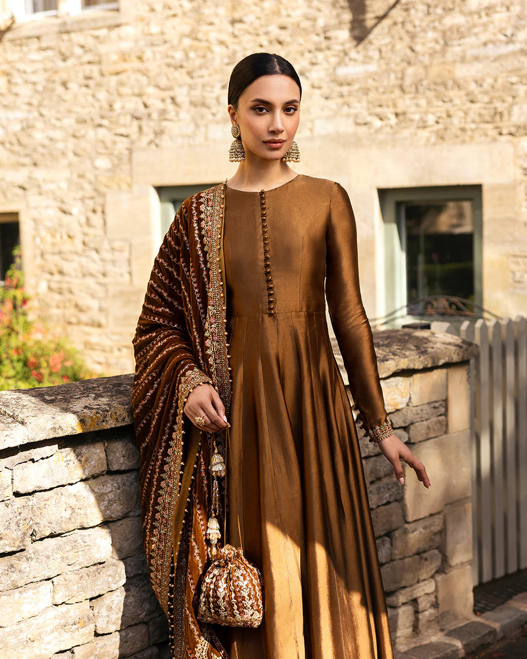 Faiza Saqlain | Copper Brown Silk Embroidered Pishwas