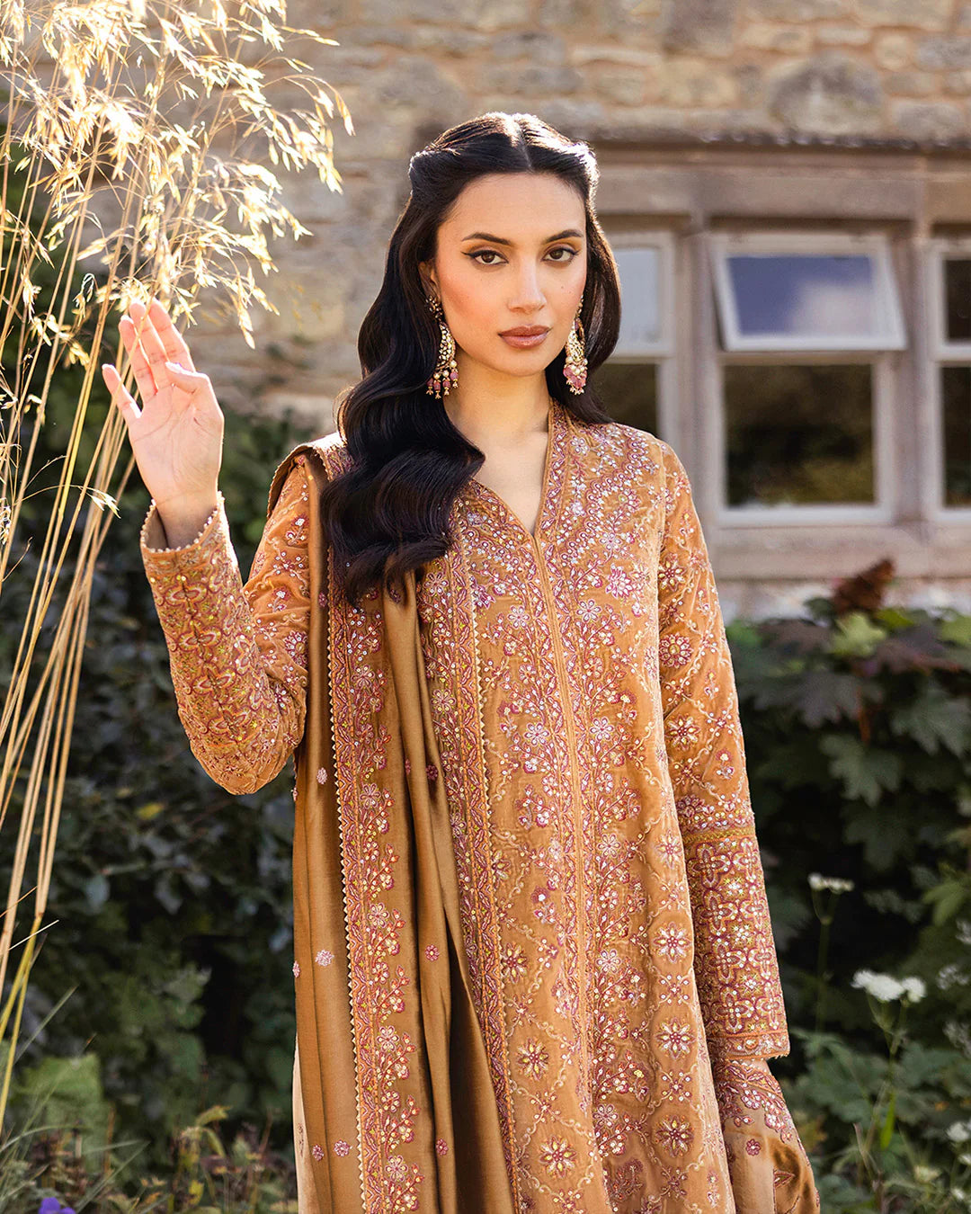 Faiza Saqlain | Mustard Brown Embroidered Velvet Dress