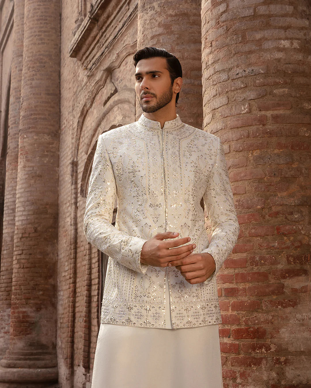 Faiza Saqlain Off White Embroidered Korean Raw Silk Prince Coat Set