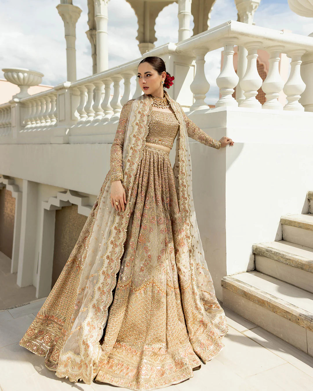 Faiza Saqlain | Ivory Gold Net Embroidered Sequenced Lehenga Choli