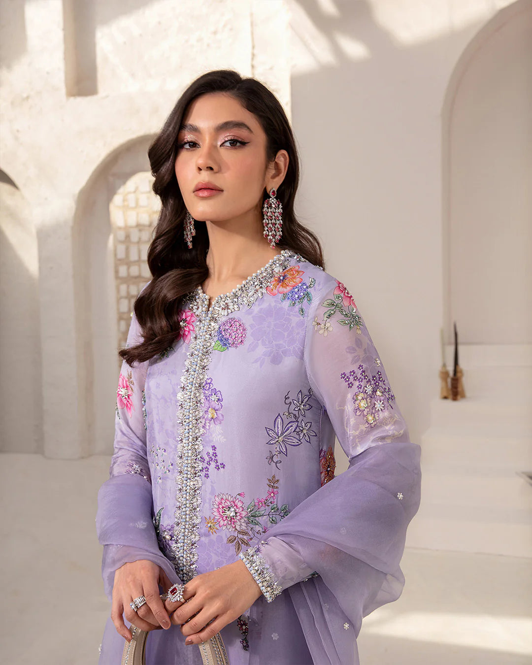 Faiza Saqlain | Lilac Silk Embellished Shirt Silhouette