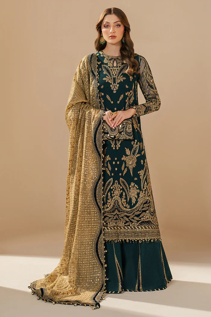 Kaya | Teal Green Embroidered Chiffon Velvet Appliqued Lehenga