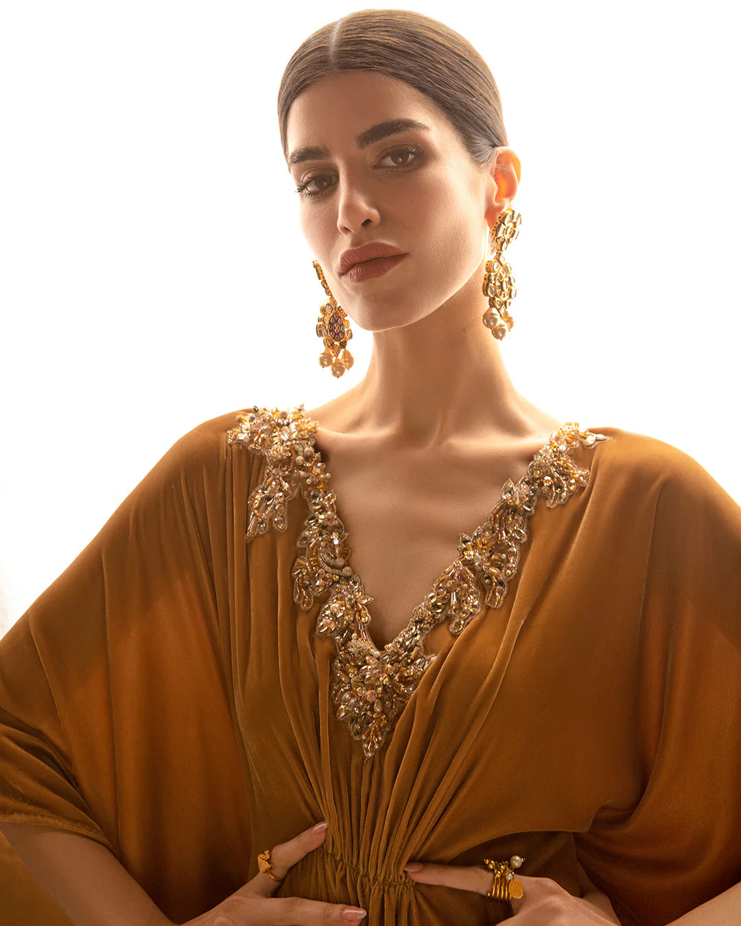 Faiza Saqlain | Mustard Embellished Velvet Kaftan