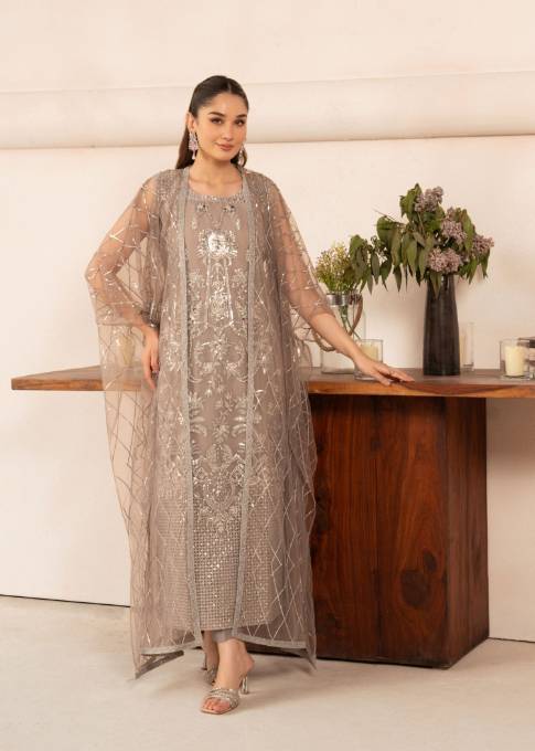 Malhaar | Beige Hand Embroidered Net Kaftan