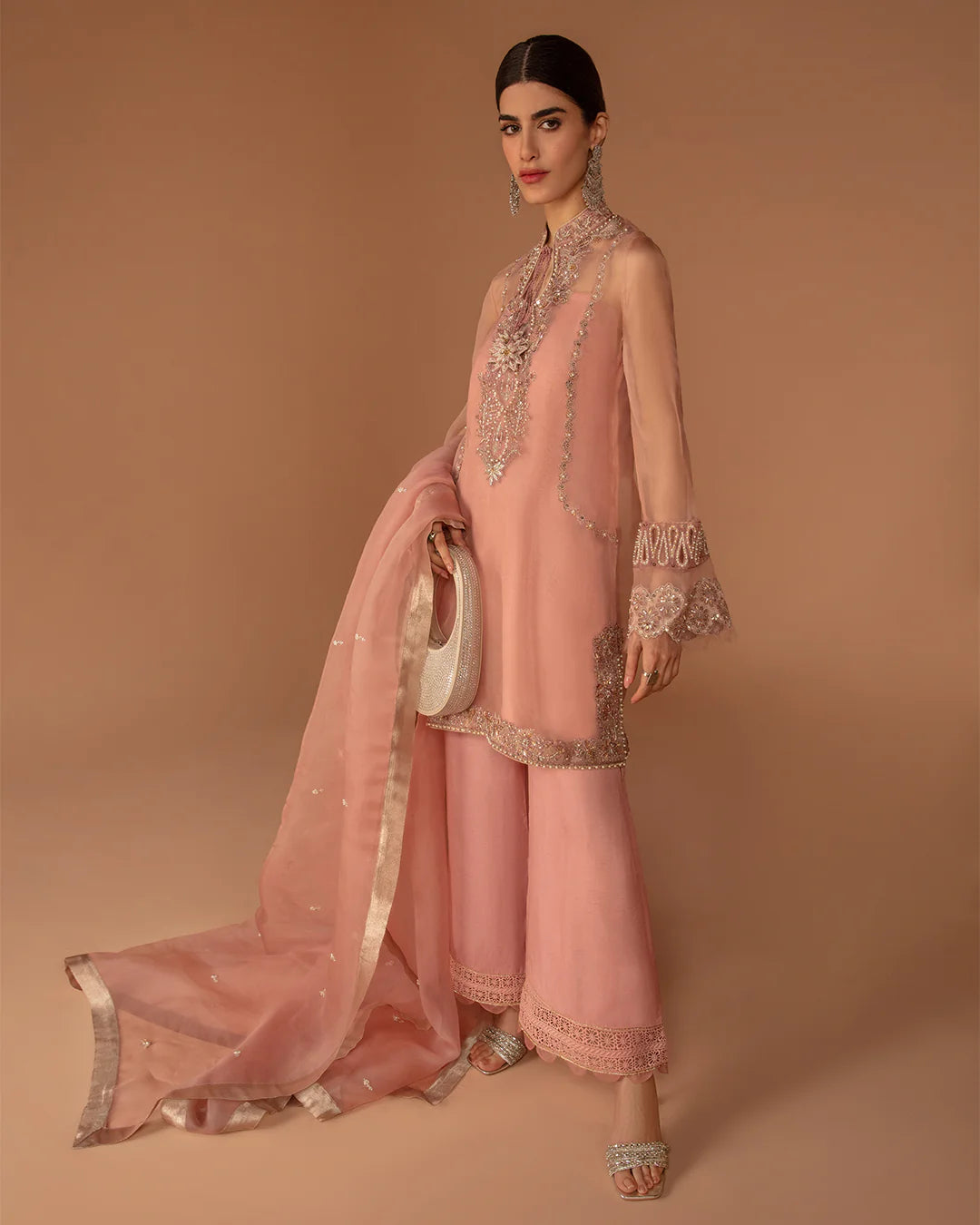 Faiza Saqlain | Peach Embellished Organza Suit