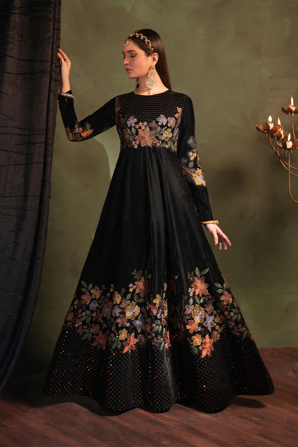 Iznik | Black Velvet Embroidered Frock