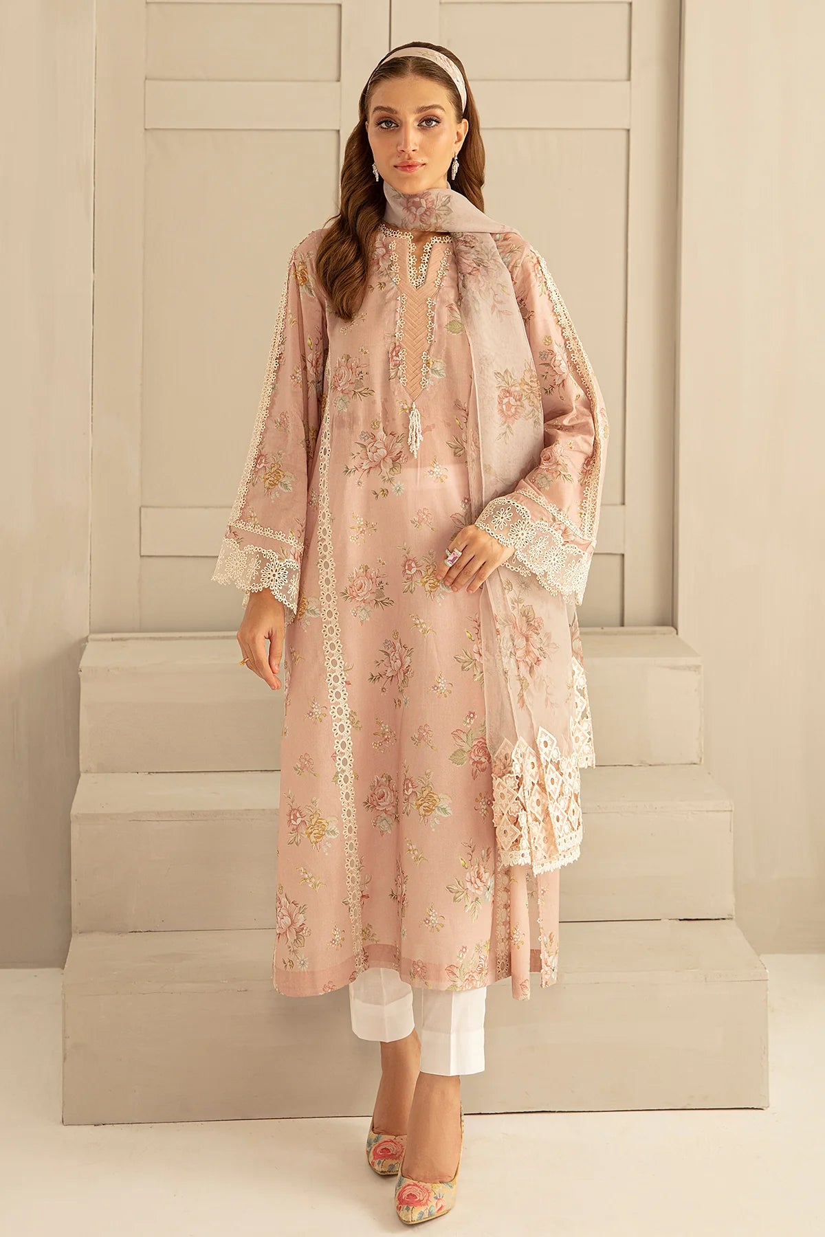 Pink Printed Floral Lawn Dress