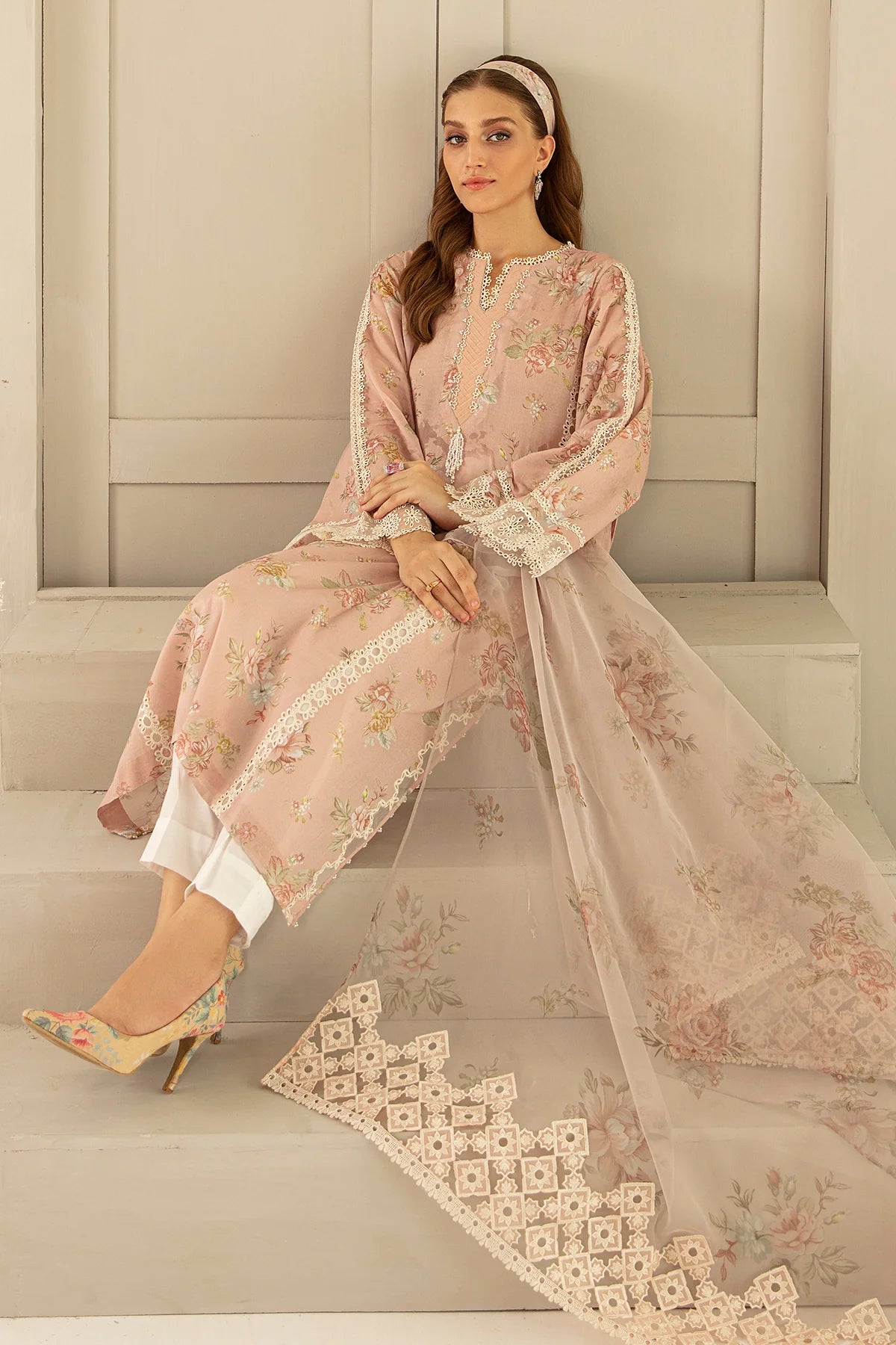 Pink Printed Floral Lawn Dress