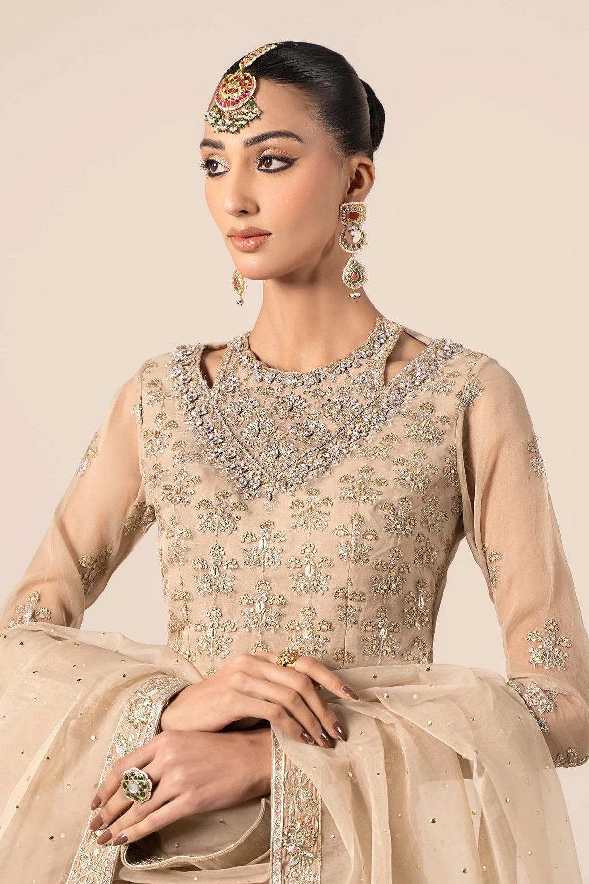 Maria B | Beige Organza Hand Embellished Lehenga