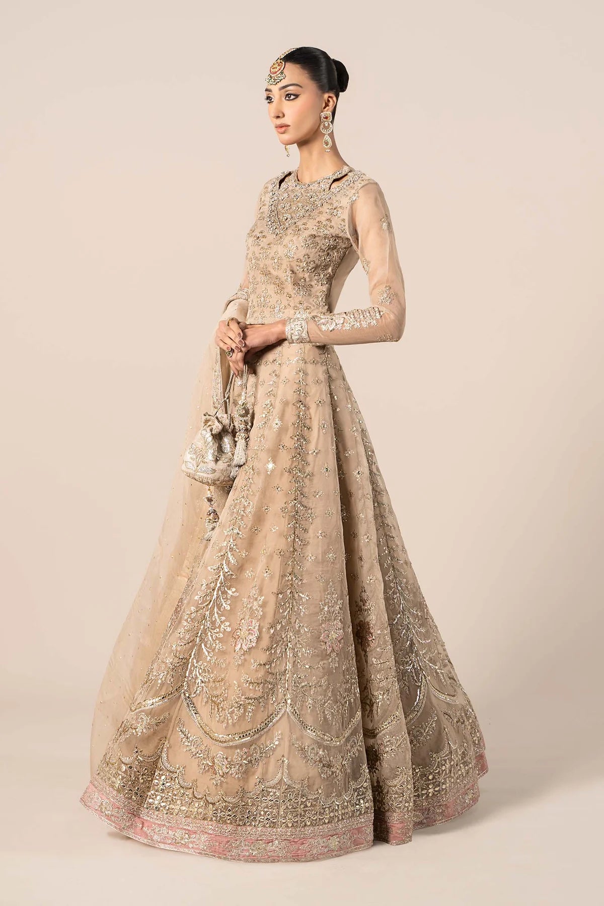 Maria B | Beige Organza Hand Embellished Lehenga