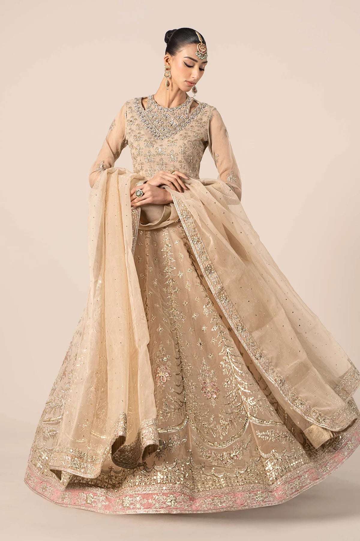 Maria B | Beige Organza Hand Embellished Lehenga