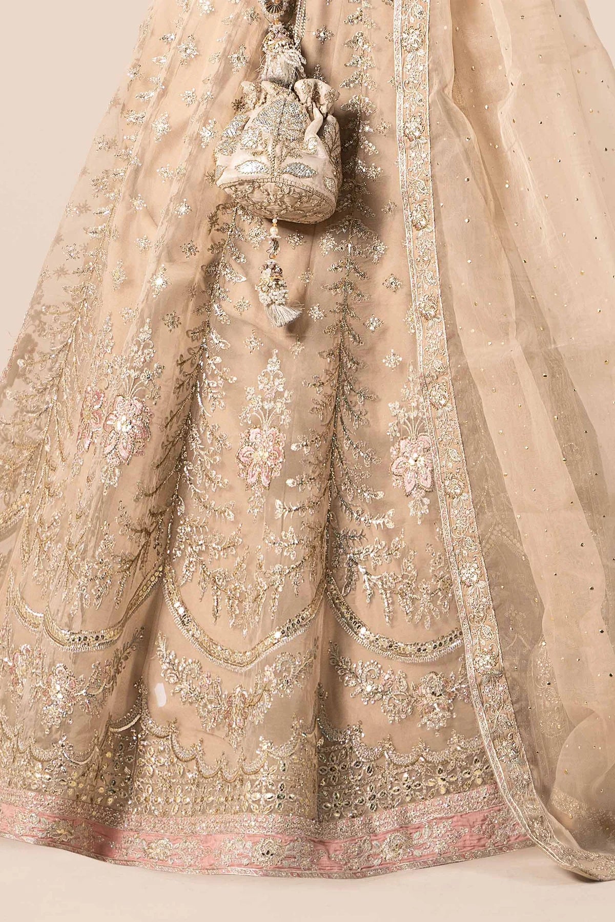 Maria B | Beige Organza Hand Embellished Lehenga