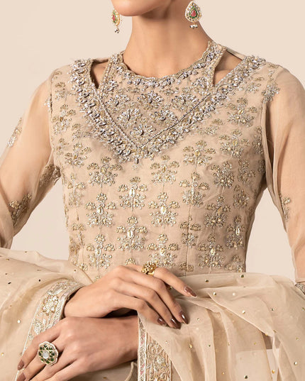 Maria B | Beige Organza Hand Embellished Lehenga