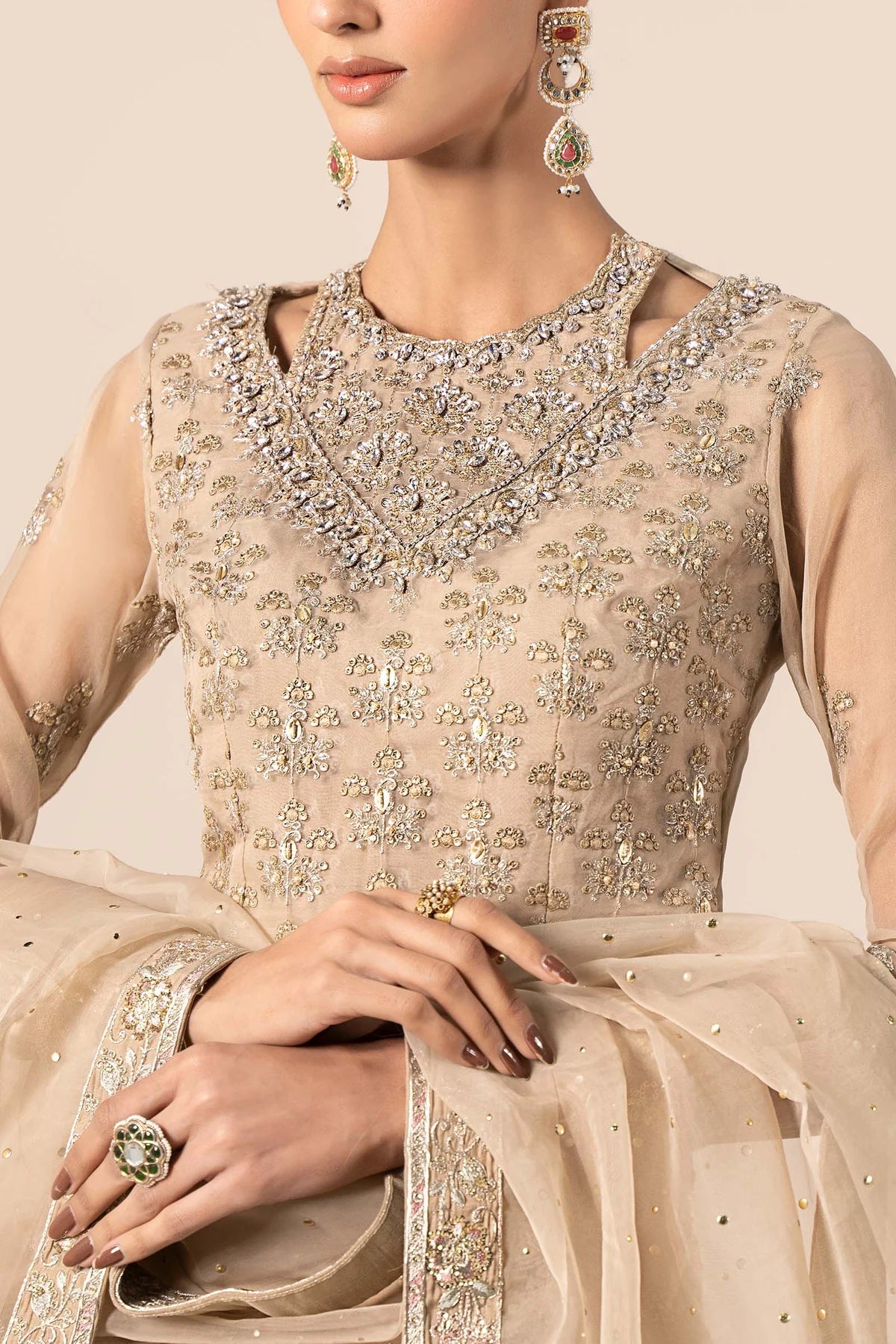 Maria B | Beige Organza Hand Embellished Lehenga