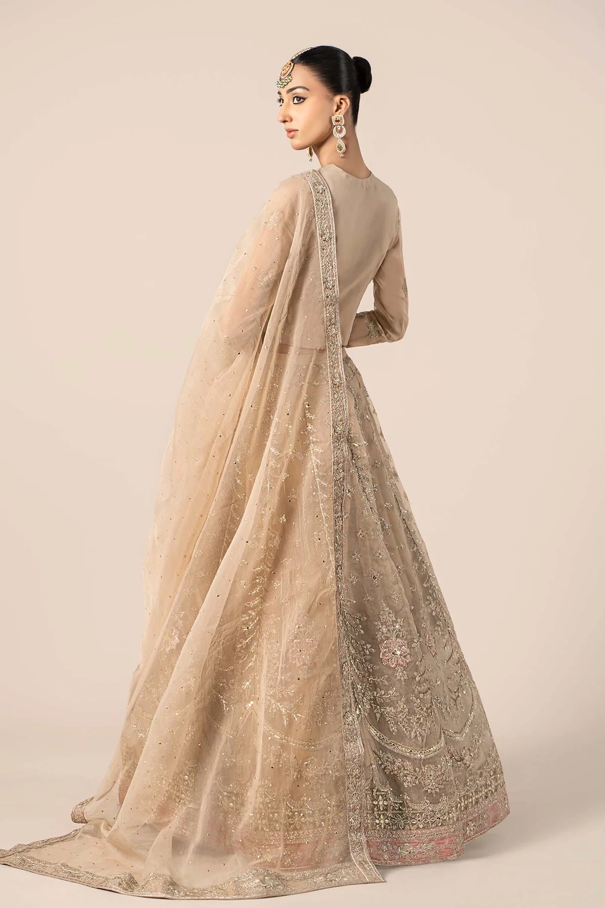 Maria B | Beige Organza Hand Embellished Lehenga