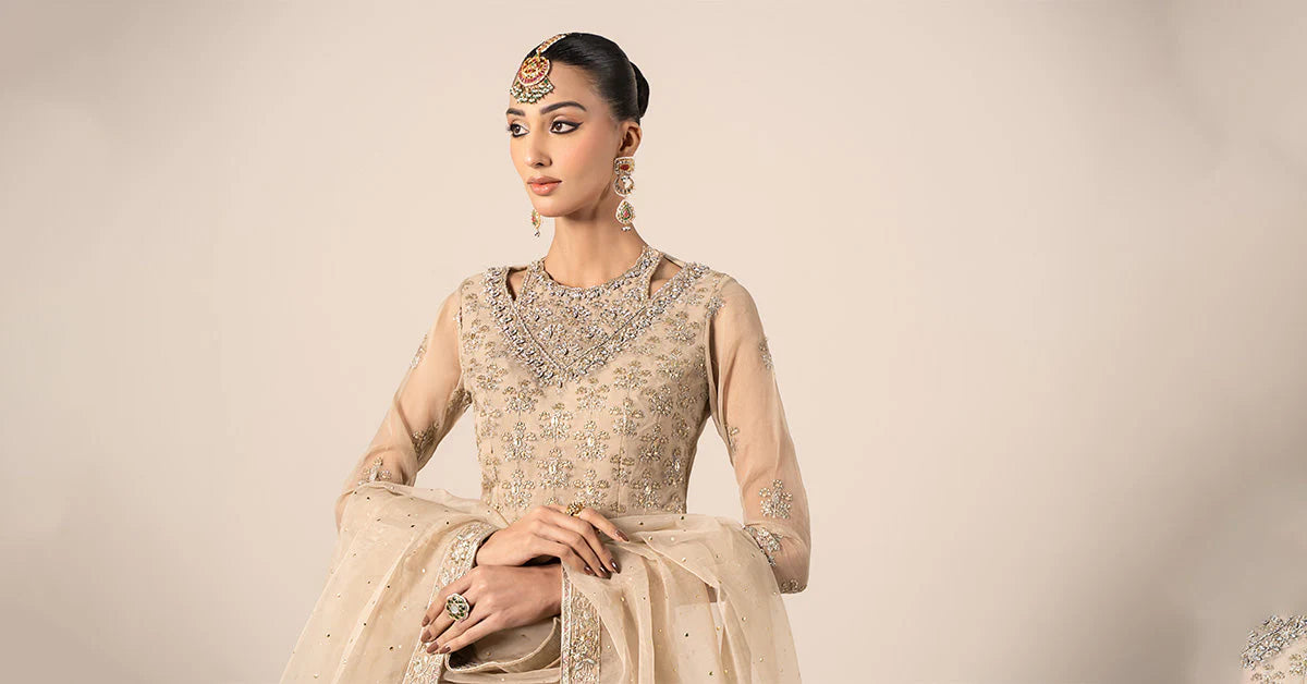 Maria B | Beige Organza Hand Embellished Lehenga