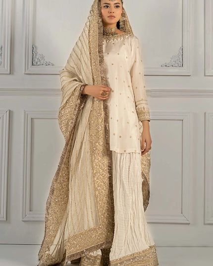 Maria B | Off White Embroidered Raw Silk Gharara