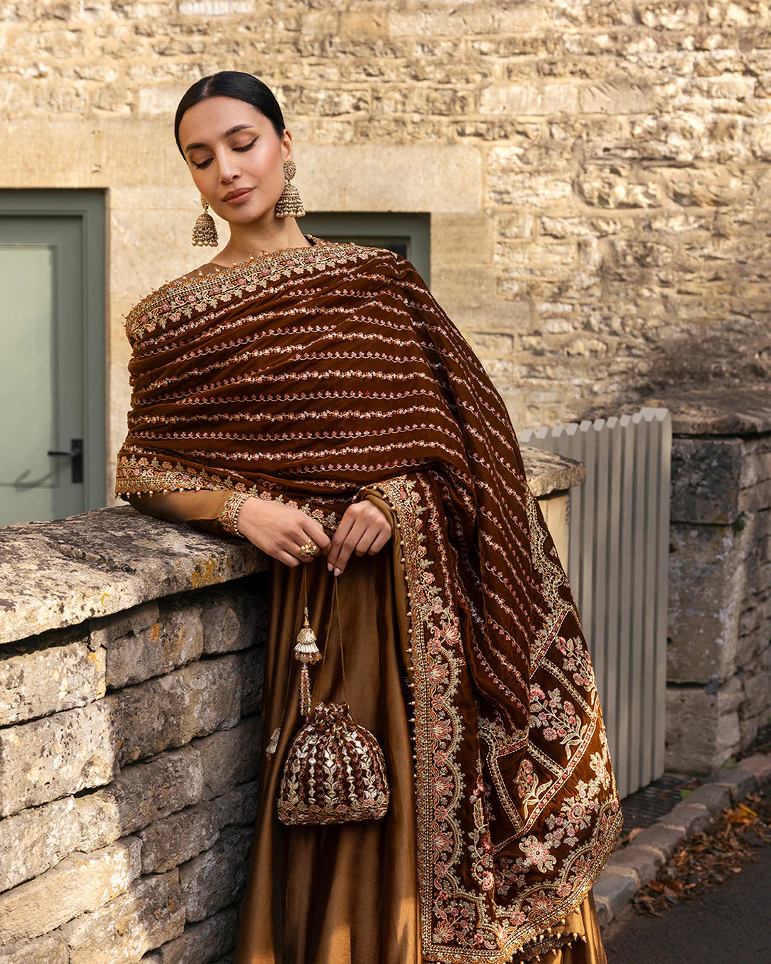 Faiza Saqlain | Copper Brown Silk Embroidered Pishwas