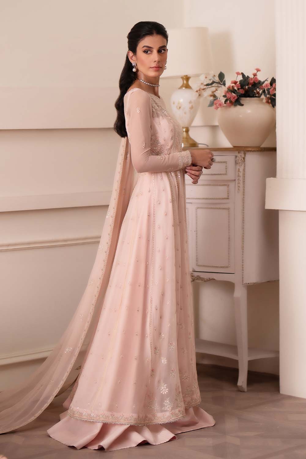 Roselyn | Peach Chiffon Embroidered Lehenga
