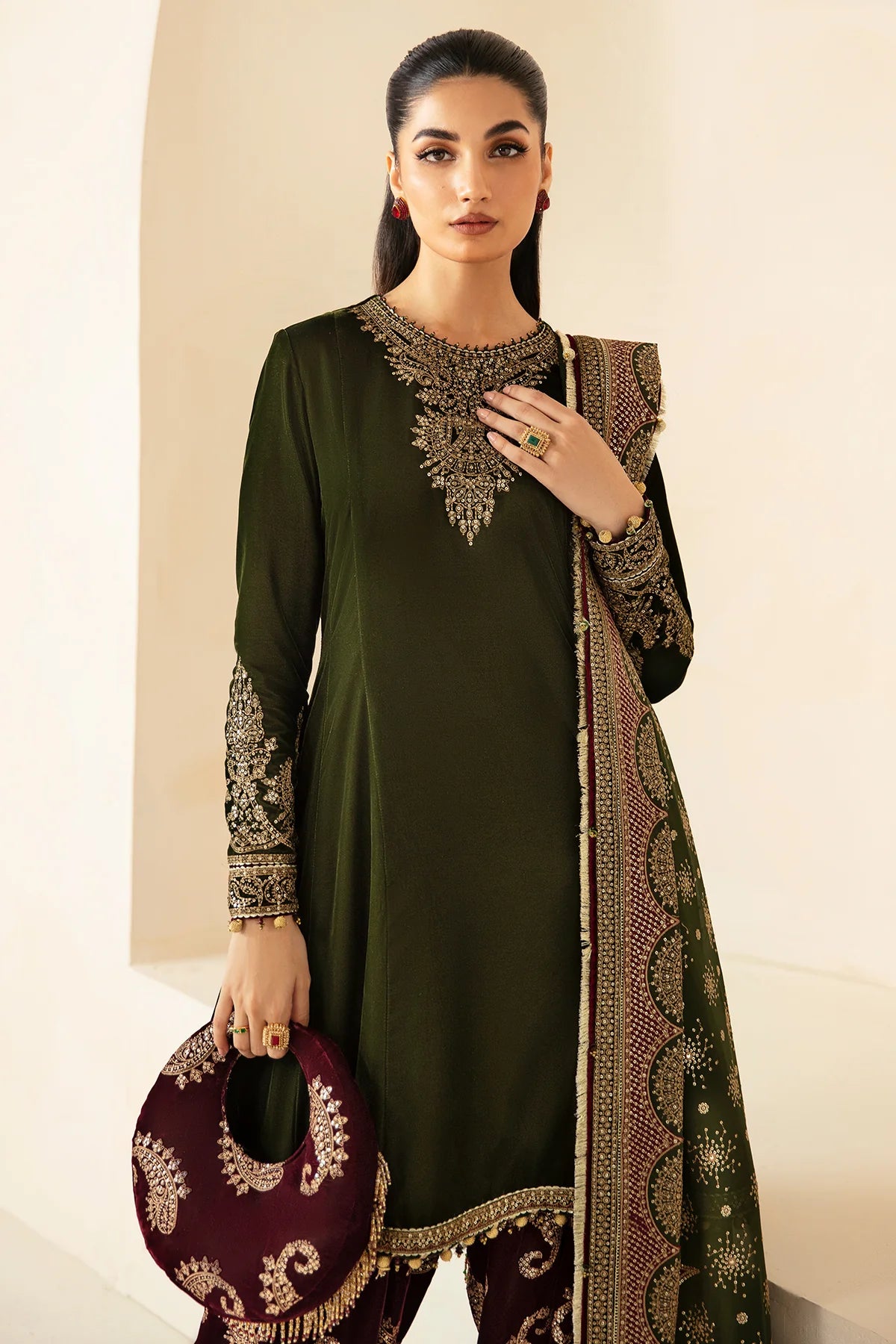 Jasmin | Green Embroidered Velvet Suit