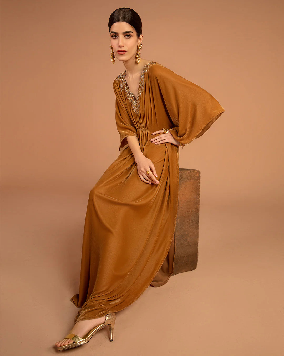 Faiza Saqlain | Mustard Embellished Velvet Kaftan