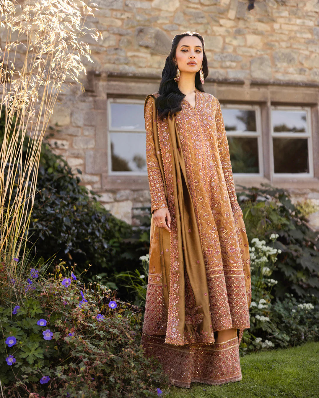 Faiza Saqlain | Mustard Brown Embroidered Velvet Dress