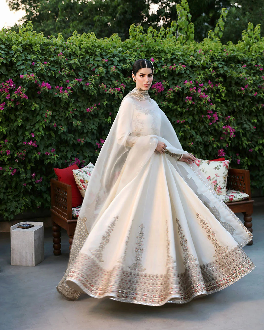 Faiza Saqlain | Off White Embroidered Korean Raw Silk Pishwas