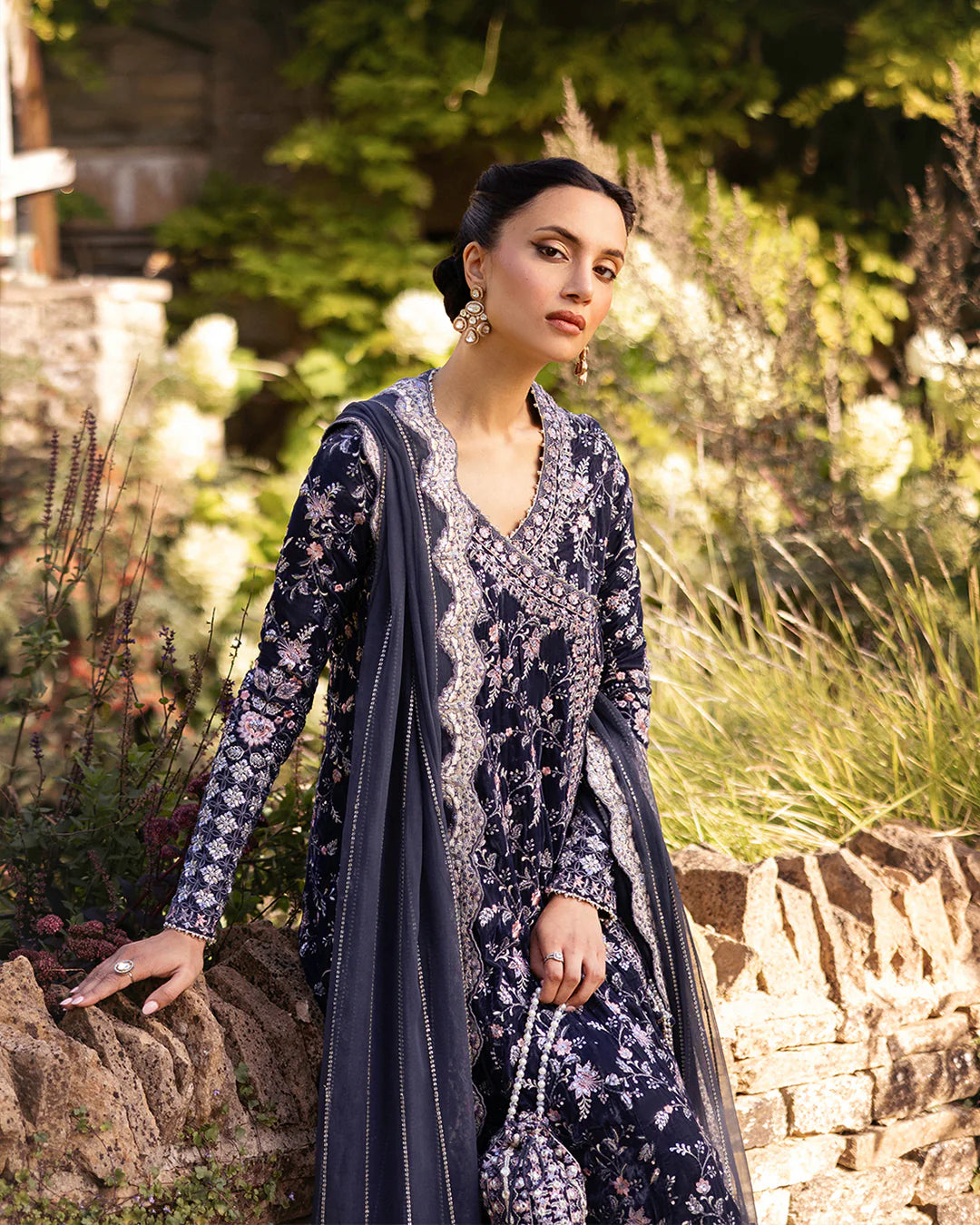 Faiza Saqlain | Charcoal Grey Embroidered Velvet Angrakha
