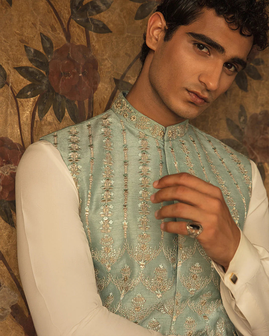 Faiza Saqlain Ice Blue Embroidered Korean Raw Silk Set