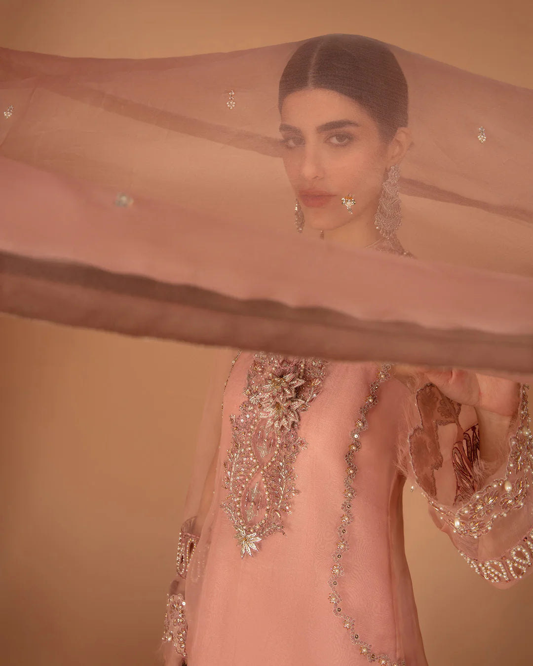 Faiza Saqlain | Peach Embellished Organza Suit