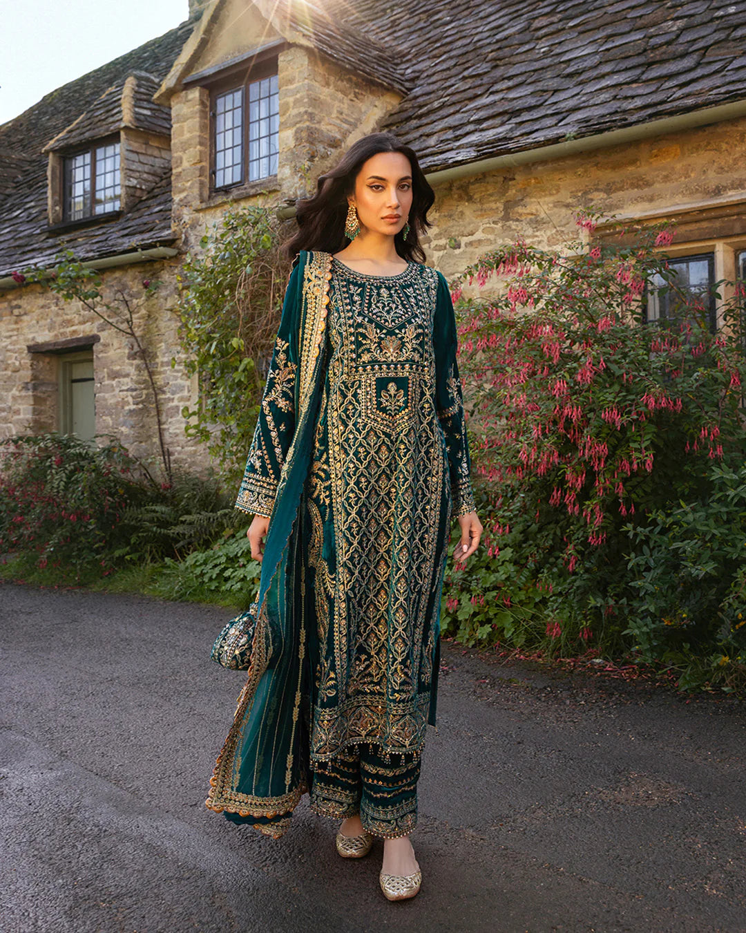 Faiza Saqlain | Teal Embroidered Velvet Suit