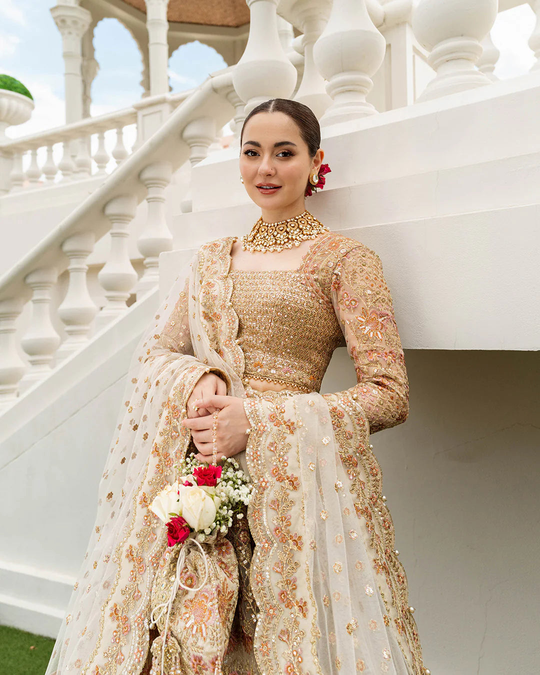 Faiza Saqlain | Ivory Gold Net Embroidered Sequenced Lehenga Choli