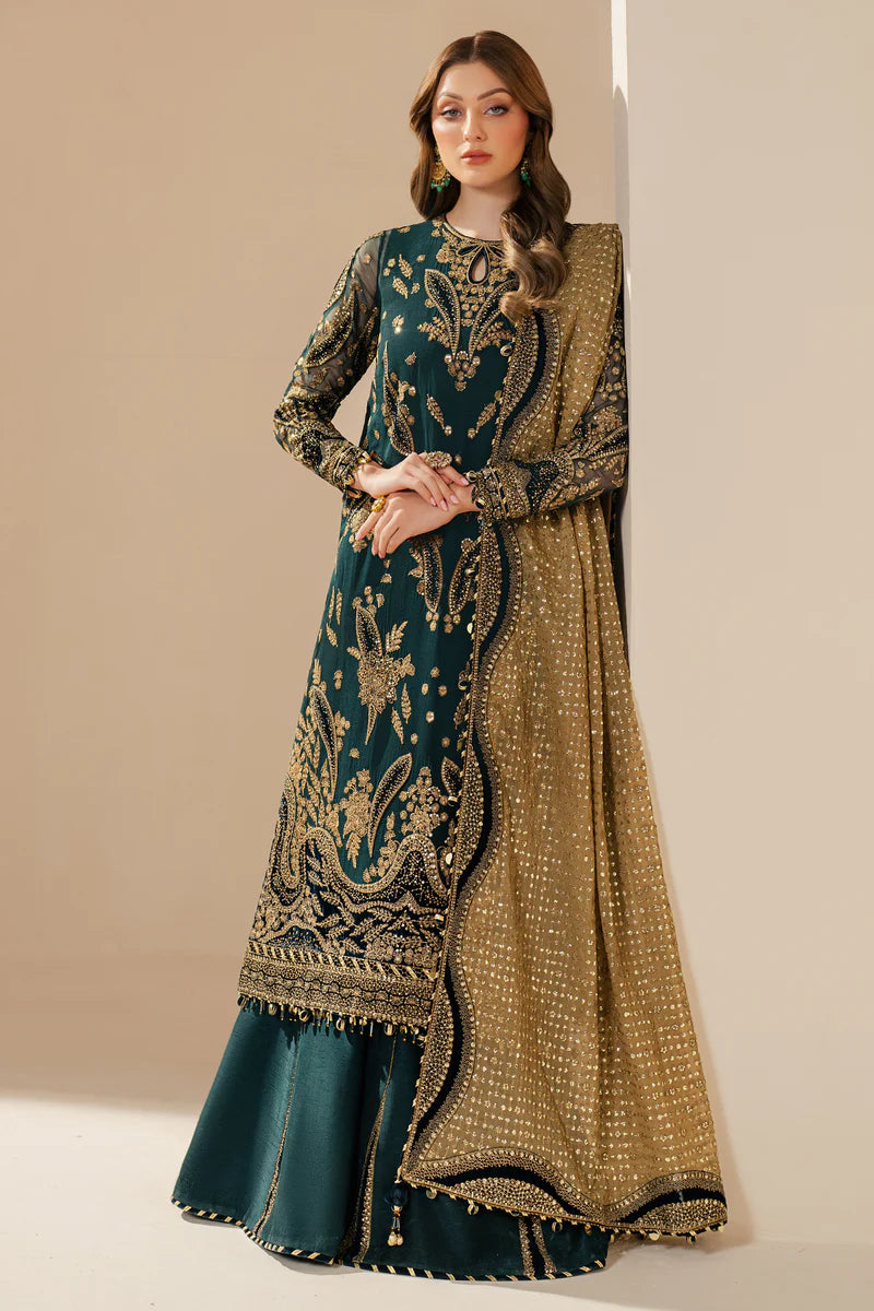 Kaya | Teal Green Embroidered Chiffon Velvet Appliqued Lehenga