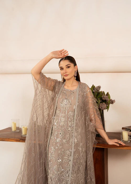Malhaar | Beige Hand Embroidered Net Kaftan