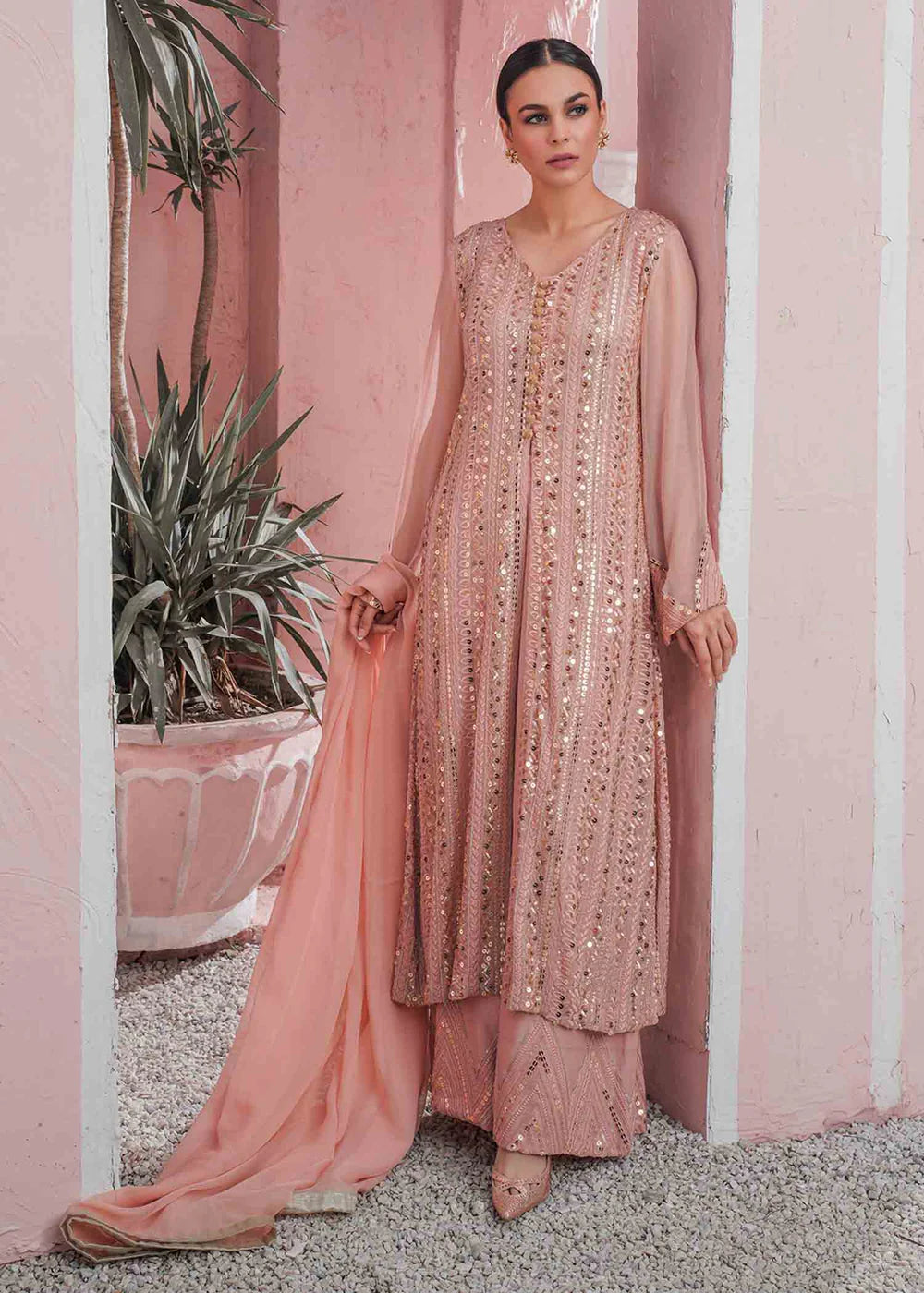 Ufaq | Peach Chikenkari Embellished Gown