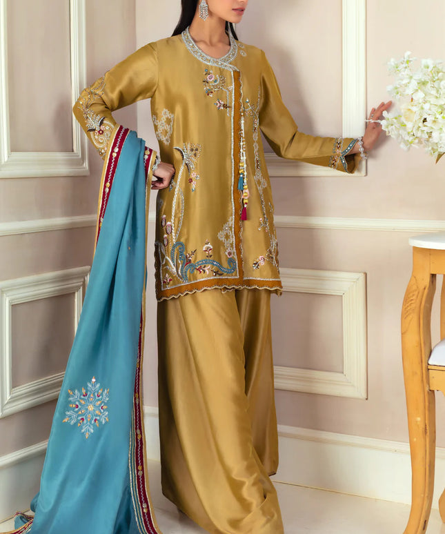 Awira | Gold Jacket Embroidered Embellished Farshi Shalwar Suit