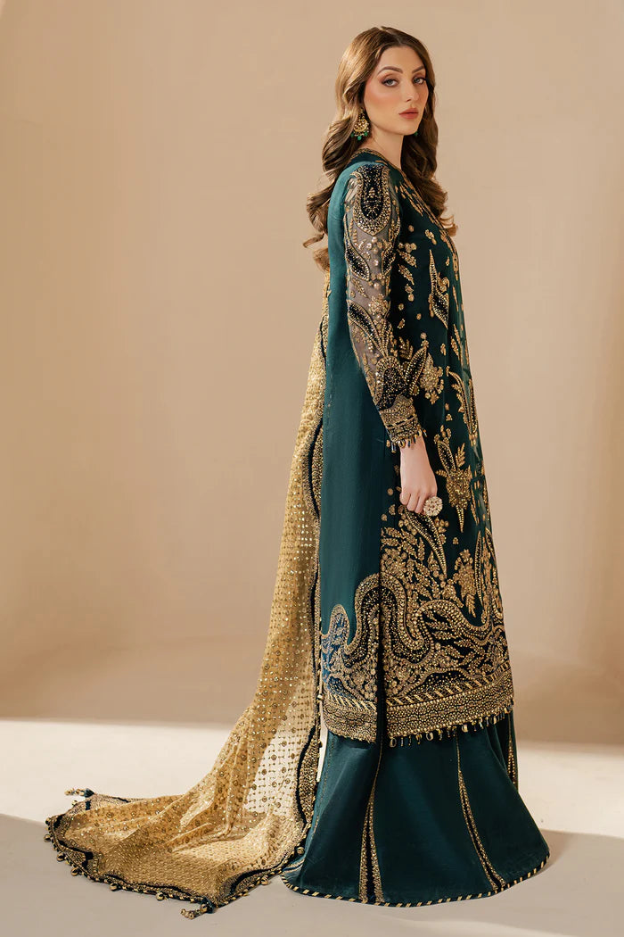 Kaya | Teal Green Embroidered Chiffon Velvet Appliqued Lehenga