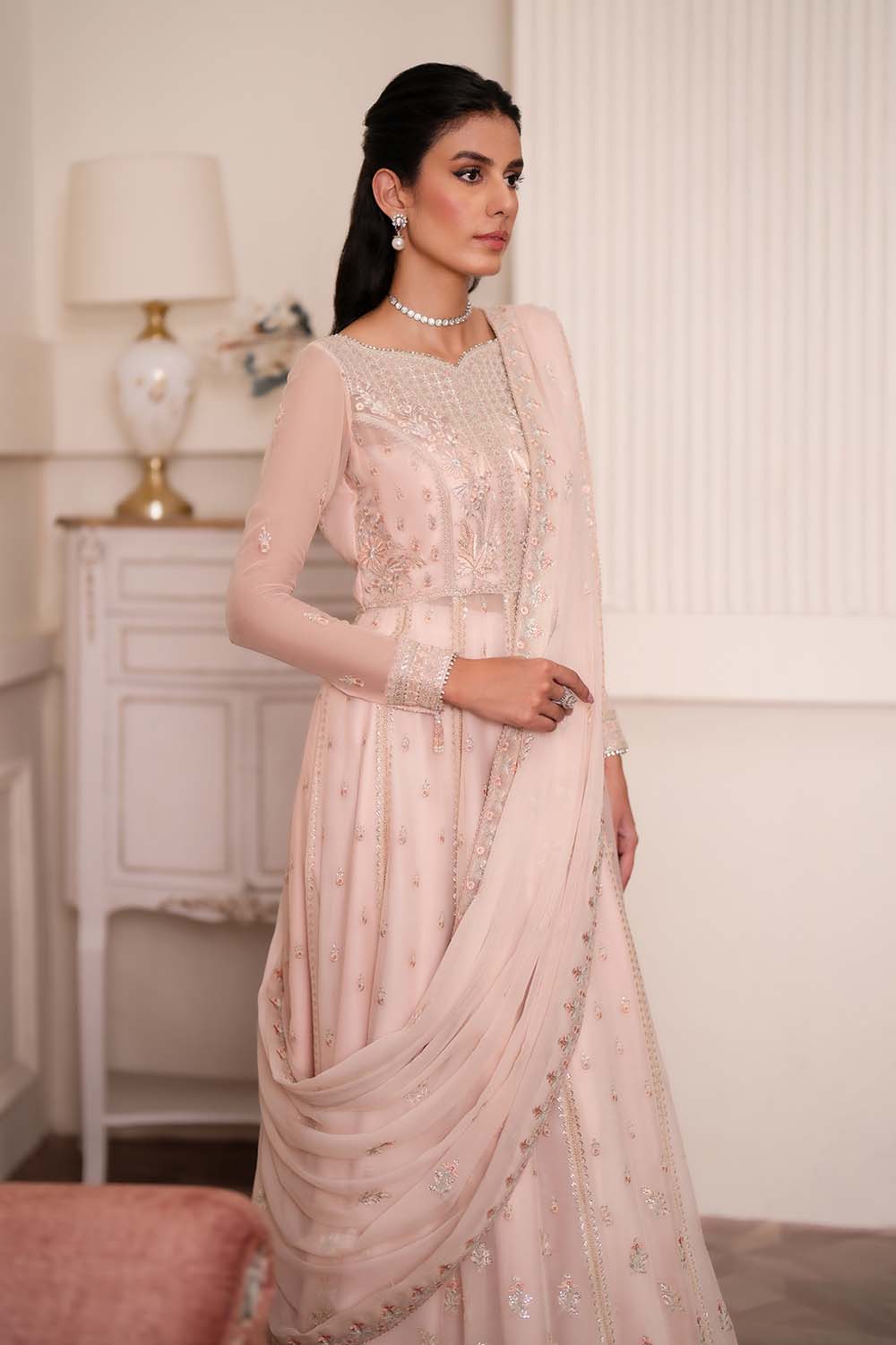 Roselyn | Peach Chiffon Embroidered Lehenga